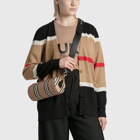 BURBERRY Tan Cashmere & Silk Striped Philippa Cardigan SzM - Picture 2 of 12